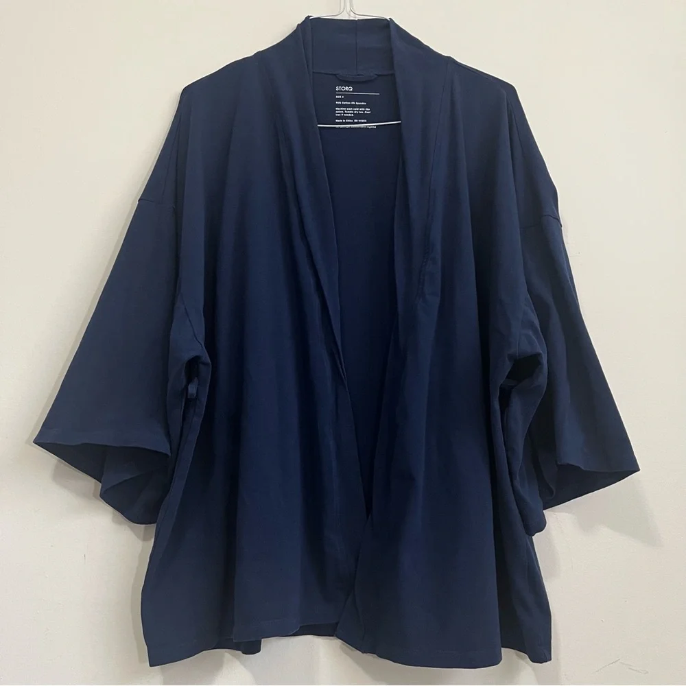 Storq Kimono Cardigan Maternity Sz 4 4X Navy Open Front Nursing Lounge (No Belt)